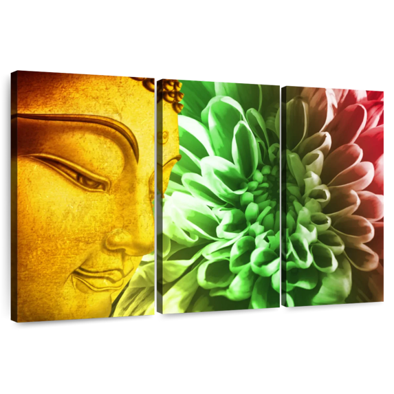 Elephant Stock Flower And Buddha Wall Art - Horizontal Multi Panel Canvas - Living Room Wall Decor - People Multi Panel - Orange And Green Decor - 50" x 32"