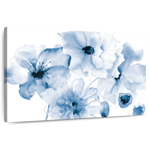 Elephant Stock Flowering Blue Wall Art - Horizontal Canvas Wall Art - Living Room Wall Decor - Floral And Botanical Canvas - Black And White Decor By Victoria Brown - 45" x 30"