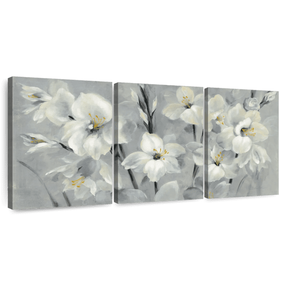 Elephant Stock Flowers On Gray Ii Wall Art - Horizontal Multi Panel Canvas - Living Room Wall Decor - Floral And Botanical Multi Panel - Blue And Beige Decor By Silvia Vassileva - 62" x 30"