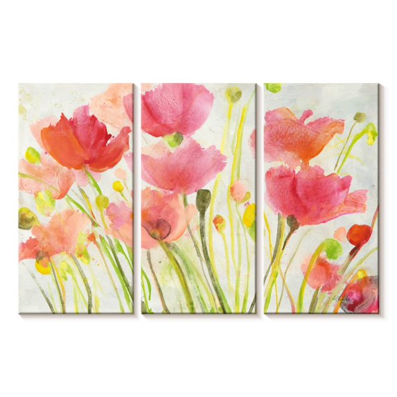 Elephant Stock Fluorescent Poppies Wall Art - Horizontal Multi Panel Canvas - Living Room Wall Decor - Floral And Botanical Multi Panel - Red And Pink Decor By Albena Hristova - 74" x 48"