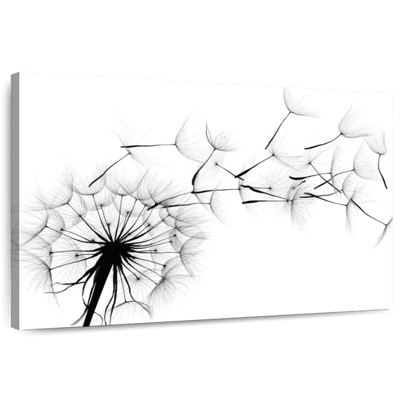 Elephant Stock Flying Dandelion Wall Art - Horizontal Canvas Wall Art - Living Room Wall Decor - Floral And Botanical Canvas - White And Black Decor - 12" x 8"