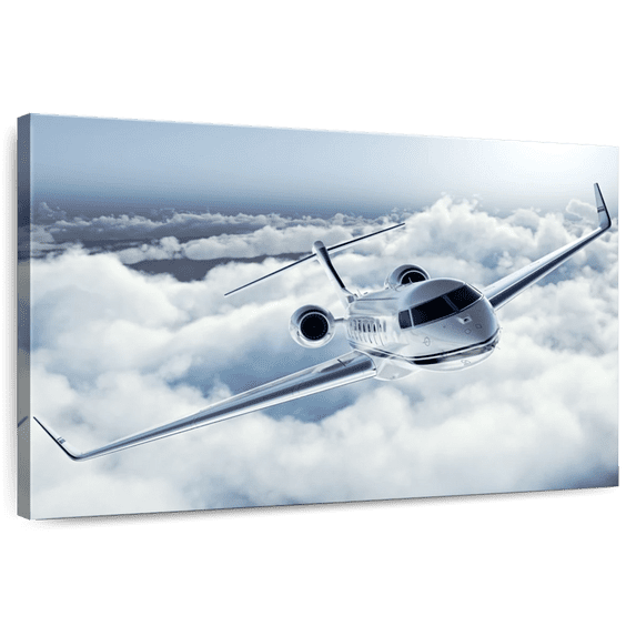 Elephant Stock Flying Luxury Private Jet Wall Art - Horizontal Canvas Wall Art - Living Room Wall Decor - Transportation Canvas - Silver And Gray Decor - 12" x 8"