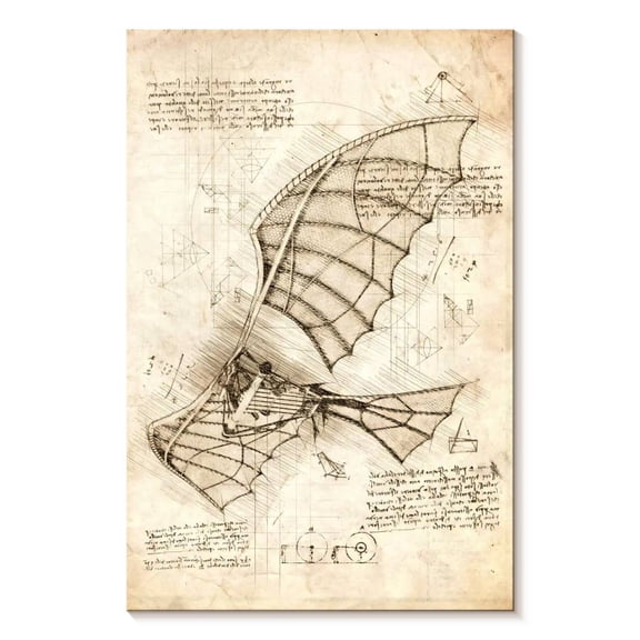 Elephant Stock Flying Machine Leonardo Da Vinci Wall Art - Vertical Canvas Wall Art - Living Room Wall Decor - Transportation Canvas - Beige And Gray Decor By Cornel Vlad - 16" x 24"