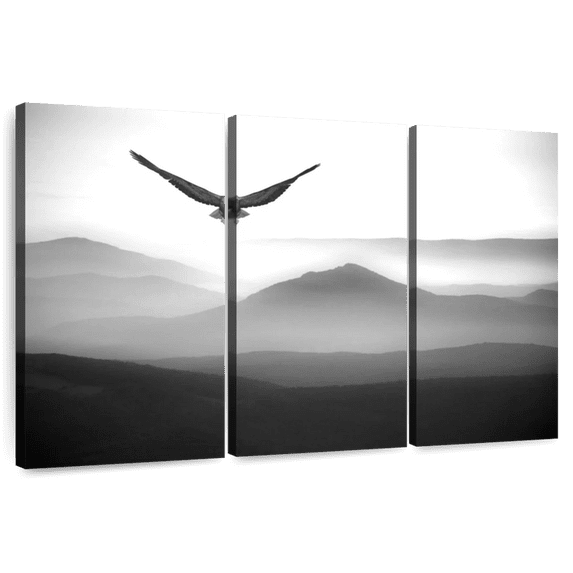 Elephant Stock Flying Mountain Eagle Wall Art - Horizontal Multi Panel Canvas - Lobby Wall Decor - Animal Multi Panel - Gray And White Decor - 33" x 20"