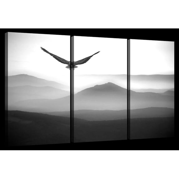 Elephant Stock Flying Mountain Eagle Wall Art - Horizontal Multi Panel Canvas - Lobby Wall Decor - Animal Multi Panel - Gray And White Decor - 33" x 20"
