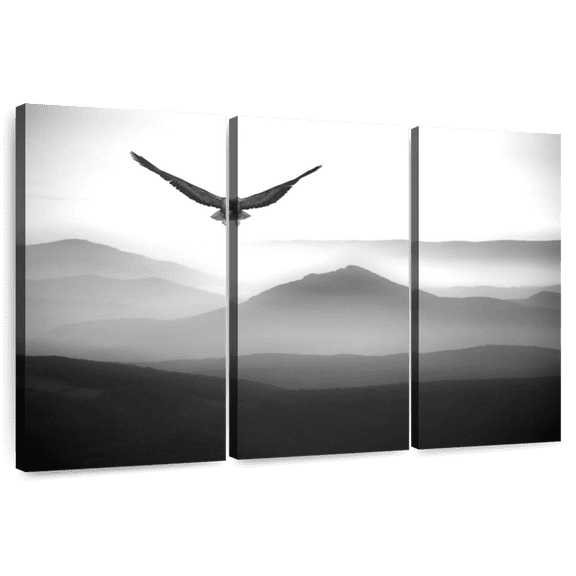 Elephant Stock Flying Mountain Eagle Wall Art - Horizontal Multi Panel Canvas - Lobby Wall Decor - Animal Multi Panel - Gray And White Decor - 74" x 48"