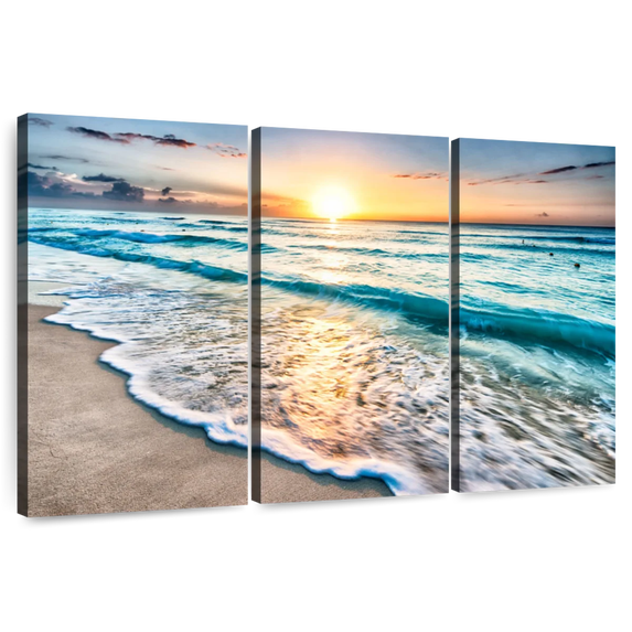 Elephant Stock Foamy Cancun Beach Wall Art - Horizontal Multi Panel Canvas - Living Room Wall Decor - Beach Multi Panel - Teal And Orange Decor - 65" x 42"