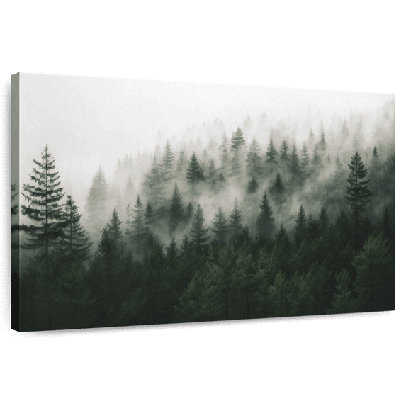 Elephant Stock Fog Enveloped Forest Wall Art - Horizontal Canvas Wall Art - Hallway Wall Decor - Nature Canvas - Green And Gray Decor - 45" x 30"