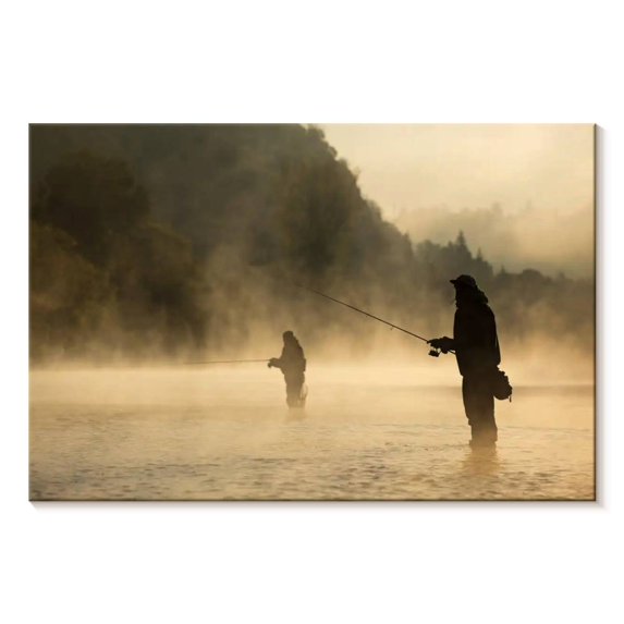 Elephant Stock Foggy River Fly Fishing Wall Art - Horizontal Canvas Wall Art - Living Room Wall Decor - Hobbies And Lifestyle Canvas - Beige And Black Decor - 48" x 32"