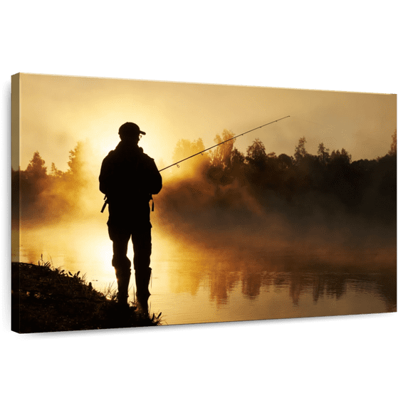 Elephant Stock Foggy Riverbank Fishing Wall Art - Horizontal Canvas Wall Art - Living Room Wall Decor - Hobbies And Lifestyle Canvas - Orange And Black Decor - 36" x 24"