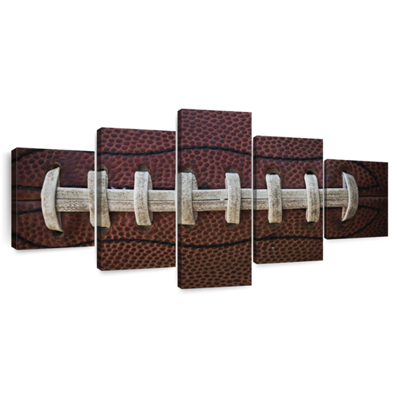 Elephant Stock Football Laces Wall Art - Horizontal Multi Panel Canvas - 5 Pieceliving Room Wall Decor - Photography Sports Multi Panel - Red And Brown Decor - 92" x 42"