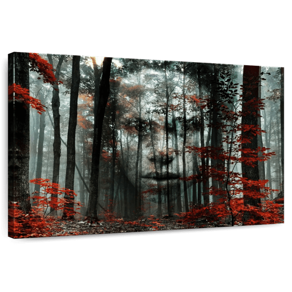 Elephant Stock Forest Female Portrait Wall Art - Horizontal Canvas Wall Art - Living Room Wall Decor - People Canvas - Red And Teal Decor - 36" x 24"