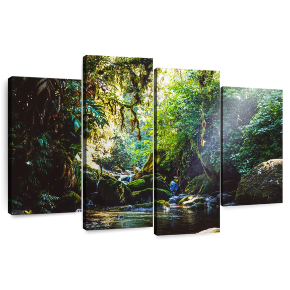 Elephant Stock Forest In Panama Wall Art - Horizontal Multi Panel Canvas - Living Room Wall Decor - Nature Multi Panel - Black And Green Decor - 36" x 22"