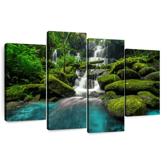 Elephant Stock Forest Waterfall Scene Wall Art - Horizontal Multi Panel Canvas - Living Room Wall Decor - Nature Multi Panel - Teal And Gray Decor - 43" x 27"