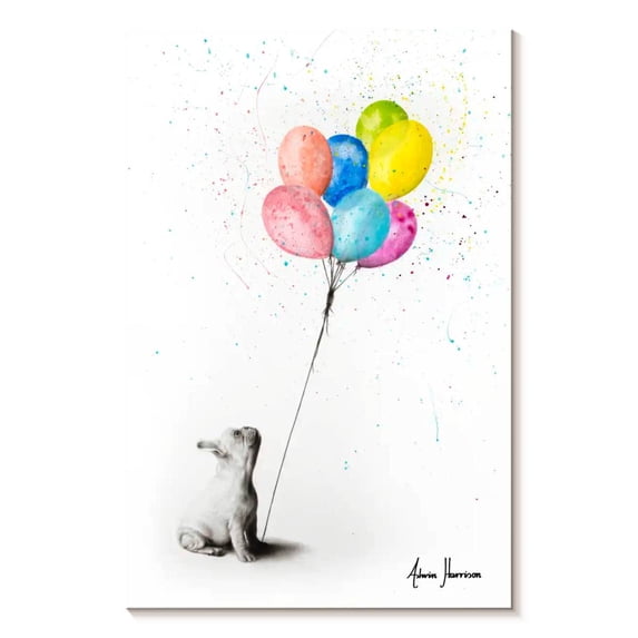 Elephant Stock The French Bulldog And The Balloons Wall Art - Vertical Canvas Wall Art - Living Room Wall Decor - Animal Canvas - Pink And Blue Decor By Ashvin Harrison - 30" x 45"
