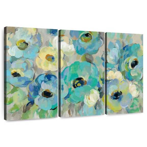Elephant Stock Fresh Teal Flowers I Wall Art - Horizontal Multi Panel Canvas - Bedroom Wall Decor - Abstract Multi Panel - Blue And Gray Decor By Silvia Vassileva - 74" x 48"