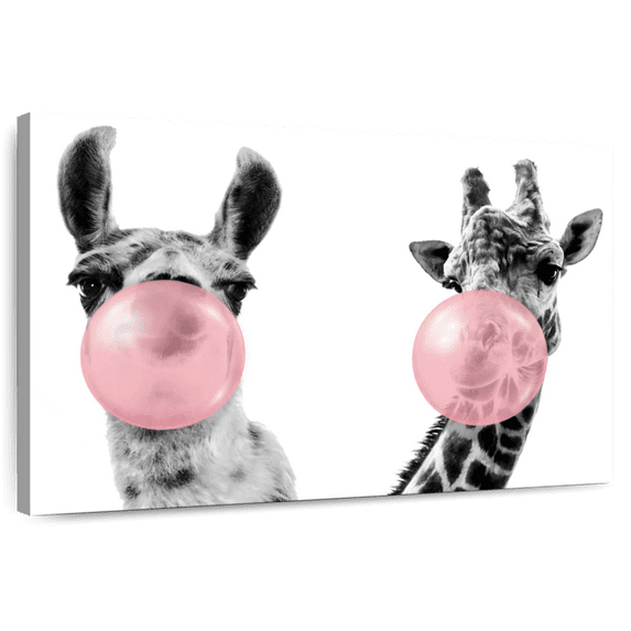 Elephant Stock Funny Llama And Giraffe Wall Art - Horizontal Canvas Wall Art - Living Room Wall Decor - Humor Canvas - White And Black Decor - 48" x 32"