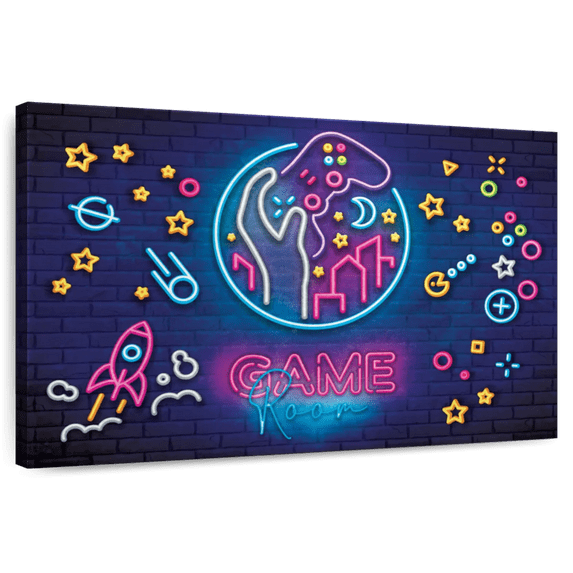 Elephant Stock Game Room Neon Symbols Wall Art - Horizontal Canvas Wall Art - Living Room Wall Decor - Pop Culture Canvas - Yellow And Pink Decor - 12" x 8"
