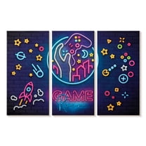 Elephant Stock Game Room Neon Symbols Wall Art - Horizontal Multi Panel Canvas - Living Room Wall Decor - Pop Culture Multi Panel - Yellow And Pink Decor - 23" x 14"