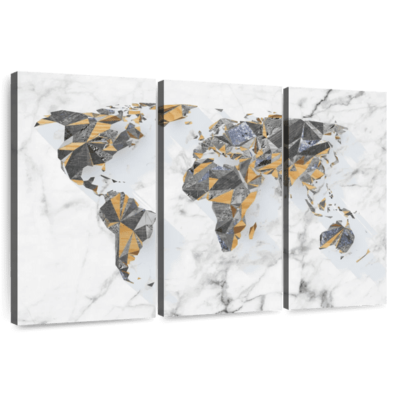 Elephant Stock Geo Marble World Map Wall Art - Horizontal Multi Panel Canvas - Living Room Wall Decor - Map Multi Panel - White And Orange Decor - 33" x 20"