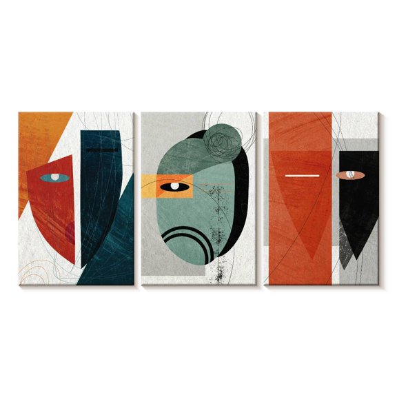 Elephant Stock Geometric Face Shapes Wall Art - Horizontal Multi Panel Canvas - Living Room Wall Decor - Abstract Multi Panel - Gray And Teal Decor - 80" x 39"