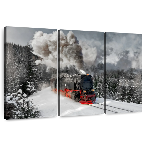 Elephant Stock German Steam Train Wall Art - Horizontal Multi Panel Canvas - Living Room Wall Decor - Transportation Multi Panel - Gray And Black Decor - 33" x 20"