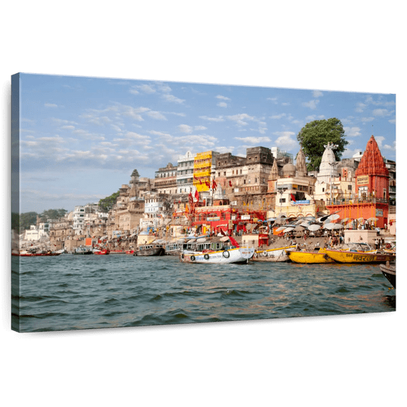 Elephant Stock Ghats Of Varanasi Wall Art - Horizontal Canvas Wall Art - Living Room Wall Decor - Architecture Canvas - Blue And Beige Decor - 12" x 8"
