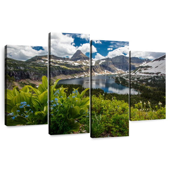Elephant Stock Glacier National Park Lake Wall Art - Horizontal Multi Panel Canvas - 4 Pieceliving Room Wall Decor - Photography Nature Multi Panel - White And Blue Decor - 36" x 22"