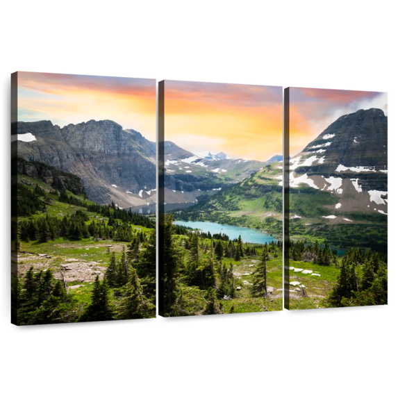 Elephant Stock Glacier National Park View Wall Art - Horizontal Multi Panel Canvas - 3 Pieceliving Room Wall Decor - Photography Nature Multi Panel - Orange And Gray Decor - 57" x 36"