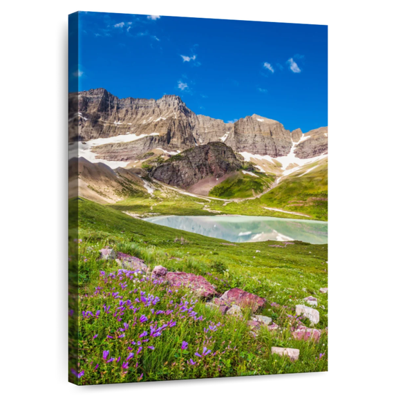 Elephant Stock Glacier Park Lakeside Mountain Wall Art - Vertical Canvas Wall Art - Living Room Wall Decor - Nature Canvas - Green And Blue Decor - 30" x 45"