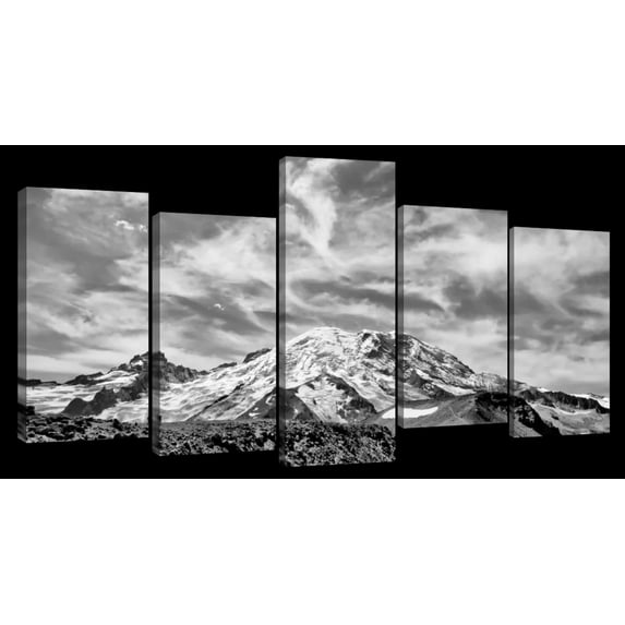 Elephant Stock Glorious Mt. Rainier Bw Wall Art - Horizontal Multi Panel Canvas - 5 Pieceliving Room Wall Decor - Photography Nature Multi Panel - Black And Gray Decor - 25" x 12"