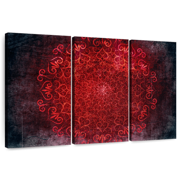 Elephant Stock Glowing Red Mandala Wall Art - Horizontal Multi Panel Canvas - Living Room Wall Decor - Decor Elements Multi Panel - Red And Black Decor - 74" x 48"