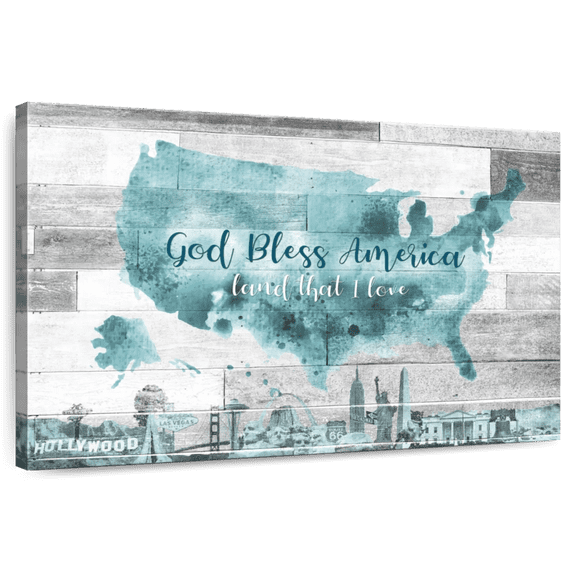 Elephant Stock God Bless America Map Wall Art - Horizontal Canvas Wall Art - Living Room Wall Decor - Inspirational And Typography Canvas - Purple And Blue Decor - 12" x 8"