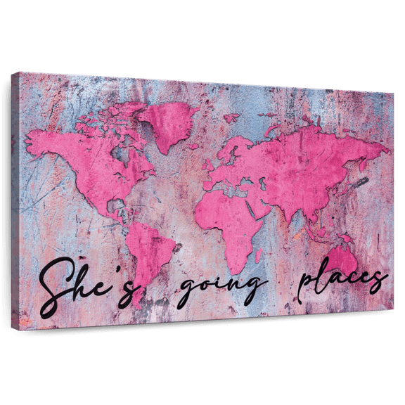 Elephant Stock She's Going Place World Map Wall Art - Horizontal Canvas Wall Art - Living Room Wall Decor - Inspirational And Typography Canvas - Gray And Pink Decor - 51" x 34"