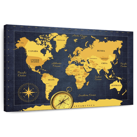 Elephant Stock Gold Compass World Map Wall Art - Horizontal Canvas Wall Art - Living Room Wall Decor - Map Canvas - Blue And Orange Decor - 12" x 8"
