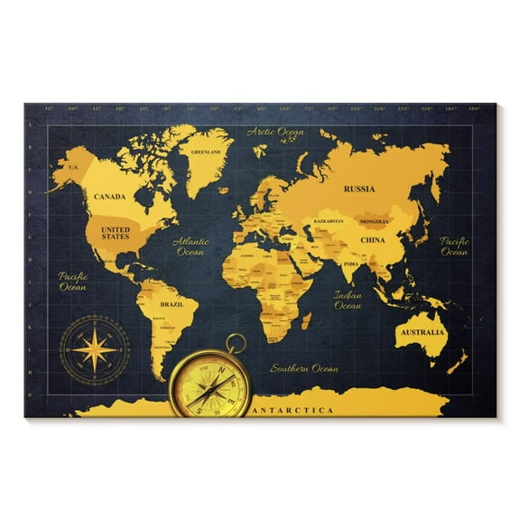 Elephant Stock Gold Compass World Map Wall Art - Horizontal Canvas Wall Art - Living Room Wall Decor - Map Canvas - Blue And Orange Decor - 12" x 8"