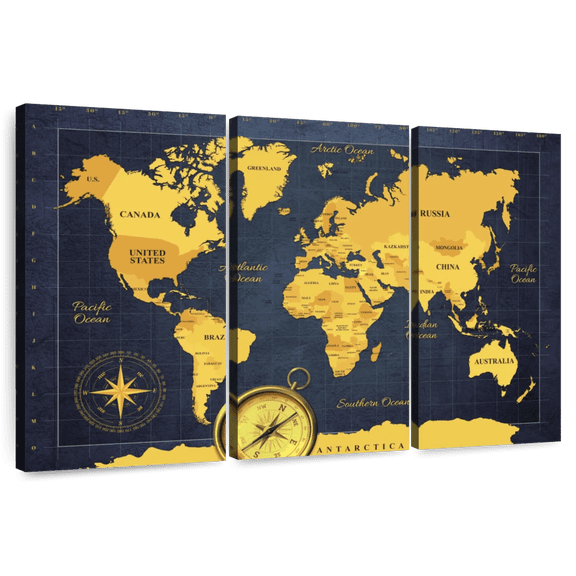 Elephant Stock Gold Compass World Map Wall Art - Horizontal Multi Panel Canvas - Living Room Wall Decor - Map Multi Panel - Blue And Orange Decor - 45" x 28"