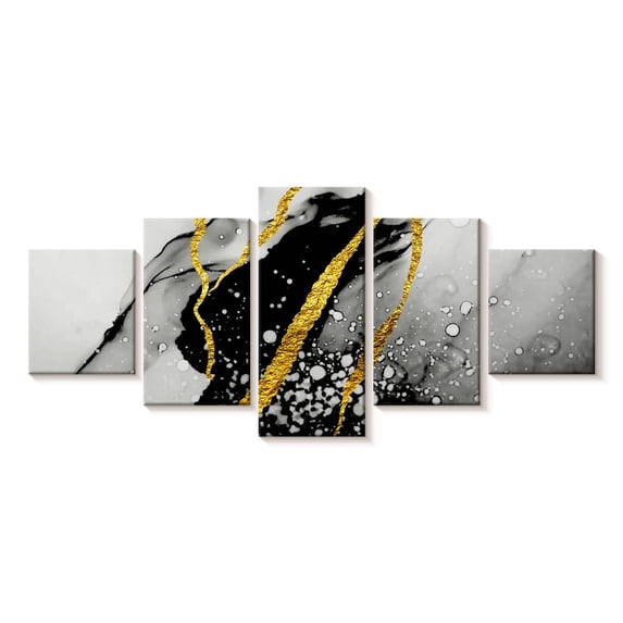 Elephant Stock Gold Foil Abstract Wall Art - Horizontal Multi Panel Canvas - Living Room Wall Decor - Abstract Multi Panel - Black And Gray Decor - 36" x 15"
