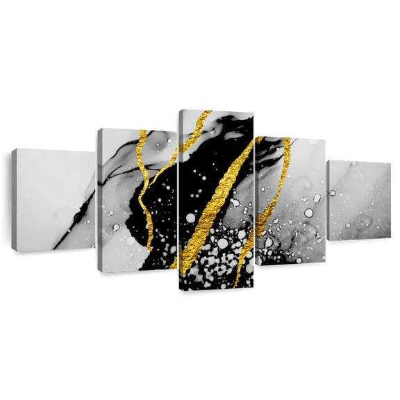 Elephant Stock Gold Foil Abstract Wall Art - Horizontal Multi Panel Canvas - Living Room Wall Decor - Abstract Multi Panel - Black And Gray Decor - 55" x 24"