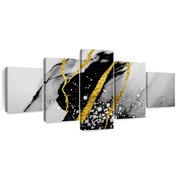 Elephant Stock Gold Foil Abstract Wall Art - Horizontal Multi Panel Canvas - Living Room Wall Decor - Abstract Multi Panel - Black And Gray Decor - 74" x 34"