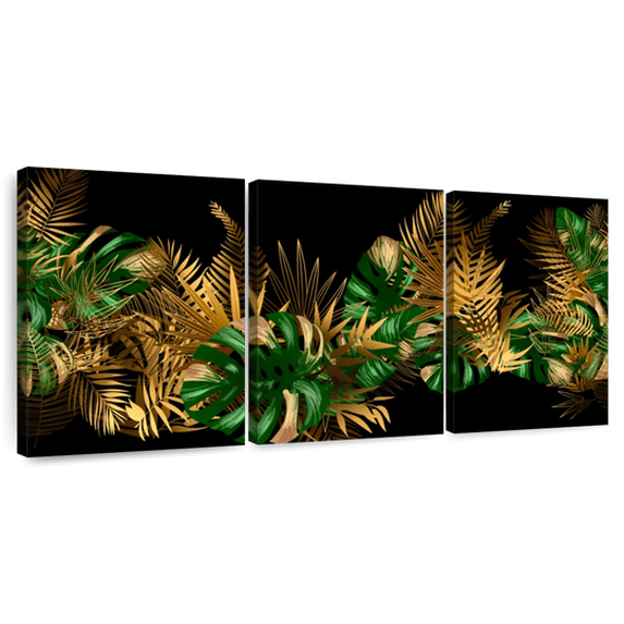 Elephant Stock Gold And Green Leaves Wall Art - Horizontal Multi Panel Canvas - Living Room Wall Decor - Floral And Botanical Multi Panel - Black And Gold Decor - 32" x 15"