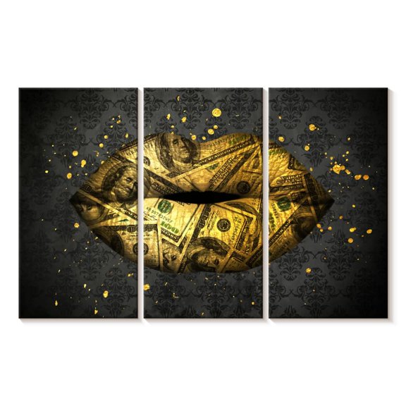 Elephant Stock Gold Money Lips Wall Art - Horizontal Multi Panel Canvas - Living Room Wall Decor - Fashion And Beauty Multi Panel - Black And Gray Decor - 33" x 20"