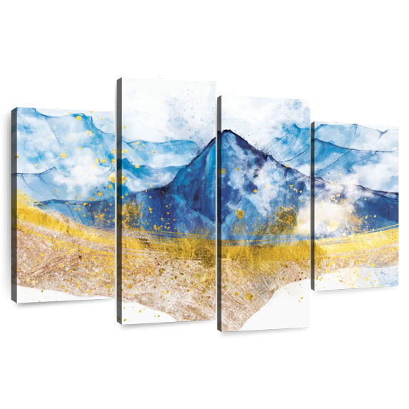 Elephant Stock Golden Abstract Mountain Wall Art - Horizontal Multi Panel Canvas - Living Room Wall Decor - Abstract Multi Panel - Beige And Blue Decor - 52" x 32"
