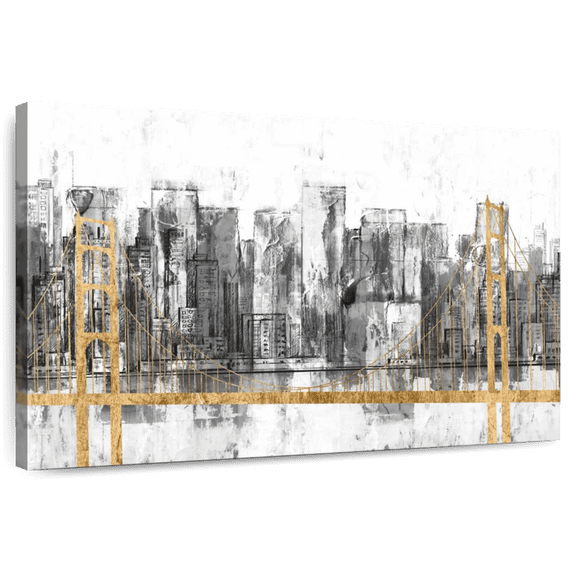 Elephant Stock Golden Bridge Panorama Wall Art - Horizontal Canvas Wall Art - Living Room Wall Decor - Places Canvas - Gold And Black Decor By Jennifer Goldberger - 12" x 8"