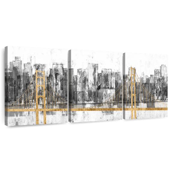 Elephant Stock Golden Bridge Panorama Wall Art - Horizontal Multi Panel Canvas - Living Room Wall Decor - Places Multi Panel - Gold And Black Decor By Jennifer Goldberger - 38" x 18"