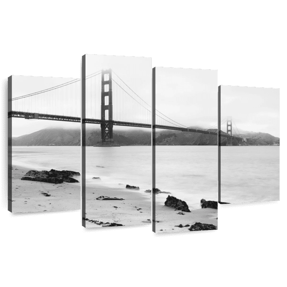 Elephant Stock Golden Gate Bridge Monochrome Wall Art - Horizontal Multi Panel Canvas - Living Room Wall Decor - Architecture Multi Panel - White And Black Decor - 75" x 48"