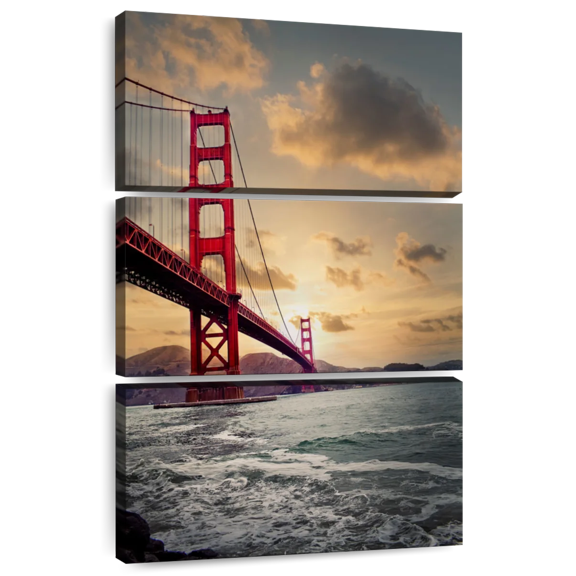 Elephant Stock Golden Gate Ocean Tide Wall Art - Vertical Multi Panel Canvas - Living Room Wall Decor - Architecture Multi Panel - Red And Blue Decor - 32" x 50"