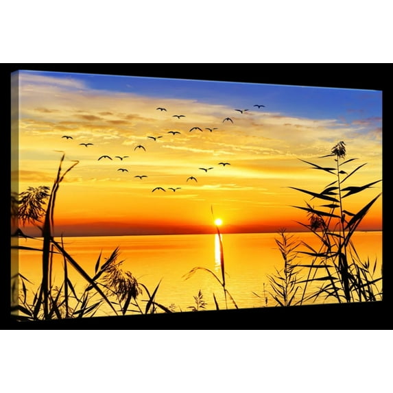 Elephant Stock Golden Lake Sunrise Wall Art - Horizontal Canvas Wall Art - Living Room Wall Decor - Photography Nature Canvas - Orange And Blue Decor - 39" x 26"