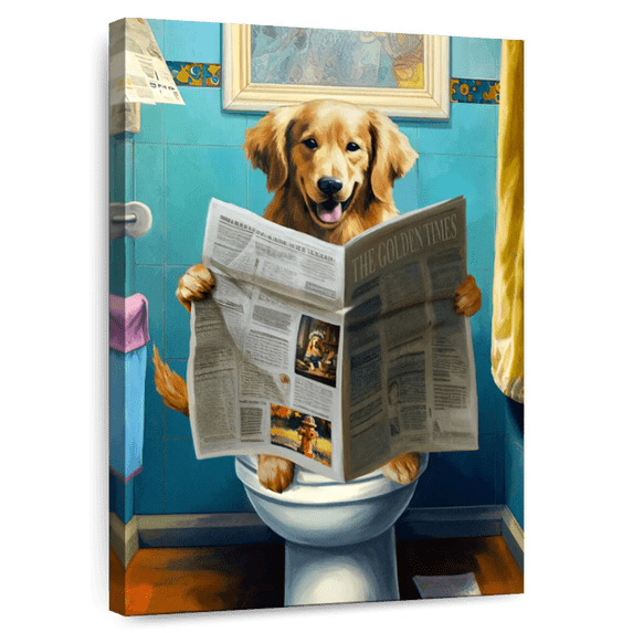 Elephant Stock Golden Retriever On A Toilet Wall Art - Vertical Canvas Wall Art - Bathroom Wall Decor - Humor Canvas - Blue And Orange Decor - 32" x 48"