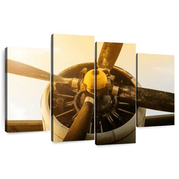 Elephant Stock Golden Sunset Propeller Wall Art - Horizontal Multi Panel Canvas - Living Room Wall Decor - Transportation Multi Panel - Yellow And Brown Decor - 52" x 32"